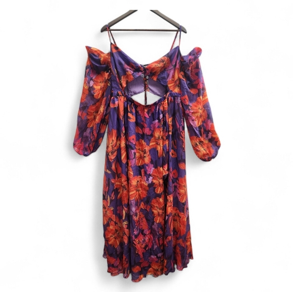 Loragal Vibrant Floral Chic Maxi Dress V- Neckline Wide Sleeves & Open Slit - Picture 2 of 14